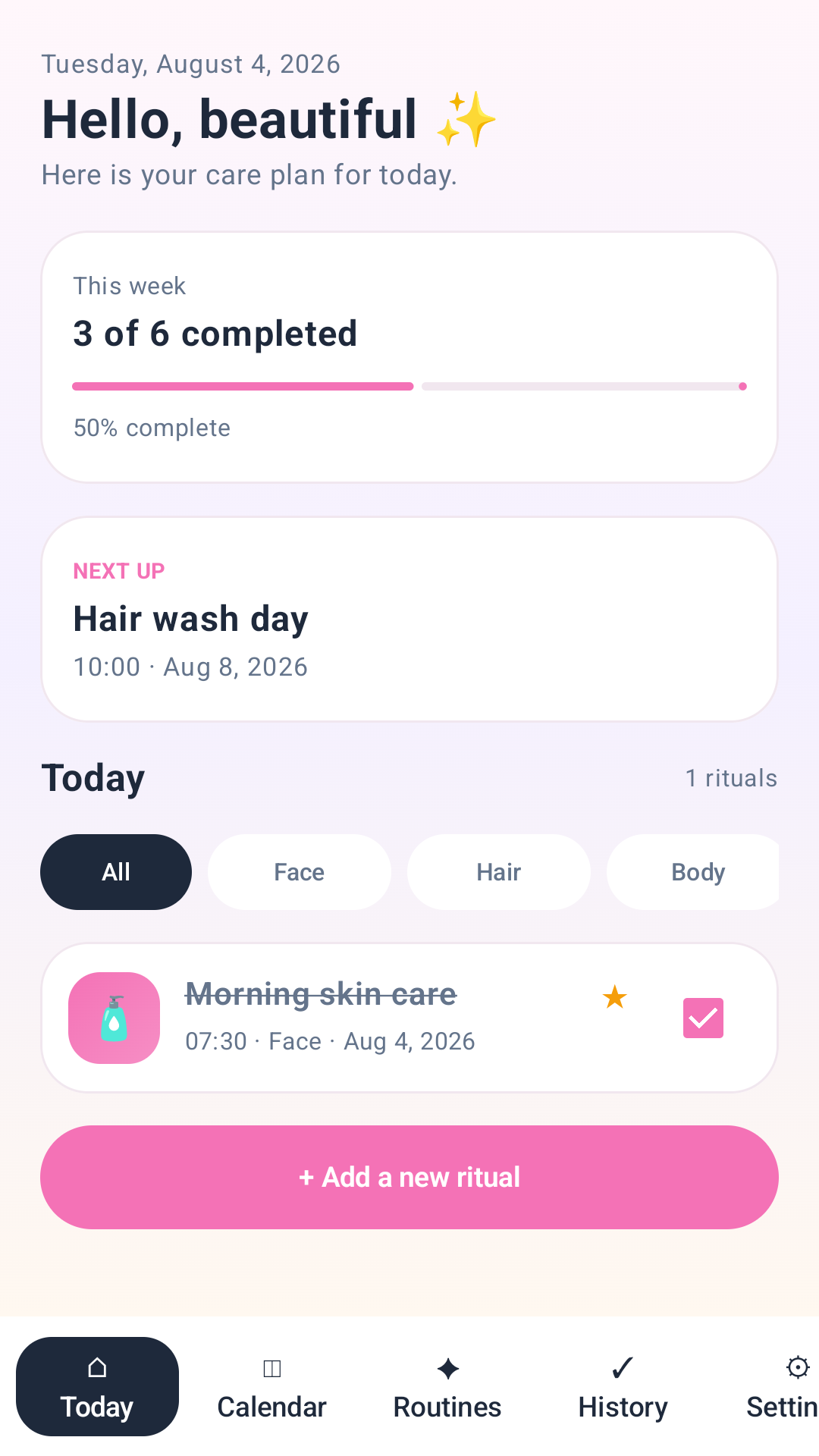 Glow Planner today screen